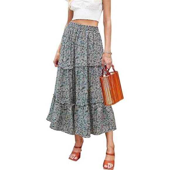 Women's Floral Midi Skirts Elastic High Waist A-Line Swing Skirts - Picture 7 of 7